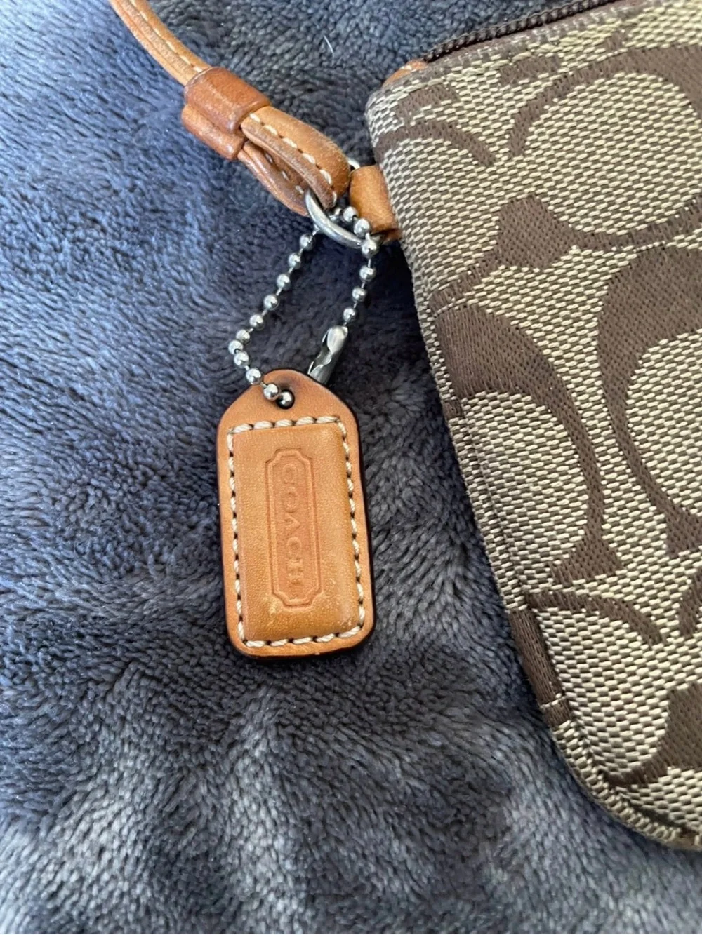 Coach Brown Signature Canvas Wristlet with Tan Leather Trim